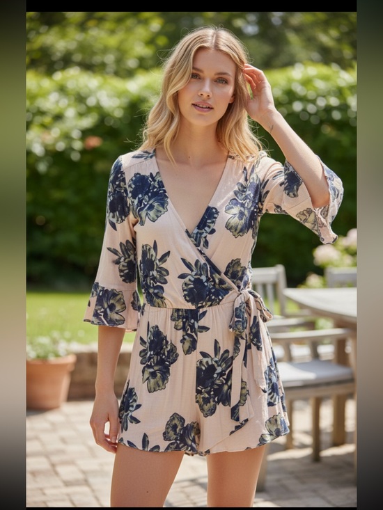 Free People Pants - Free People Blush Floral Wrap Romper with Navy & Olive Accents